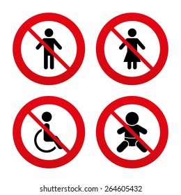 No, Ban or Stop signs. WC toilet icons. Human male or female signs. Baby infant or toddler. Disabled handicapped invalid symbol. Prohibition forbidden red symbols. Vector