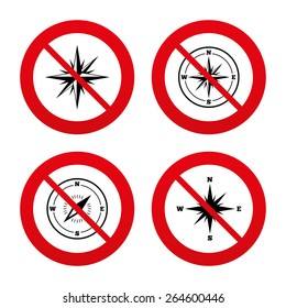 No, Ban or Stop signs. Windrose navigation icons. Compass symbols. Coordinate system sign. Prohibition forbidden red symbols. Vector