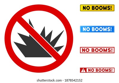 Sin signo Bang con subtítulos en marcos rectangulares. El estilo de ilustración es un símbolo icónico plano dentro de un círculo cruzado rojo sobre un fondo blanco. Simple No Bang vector sign, diseñado para reglas,