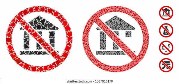 No bank building composition of joggly pieces in variable sizes and color tinges, based on no bank building icon. Vector joggly dots are combined into mosaic.