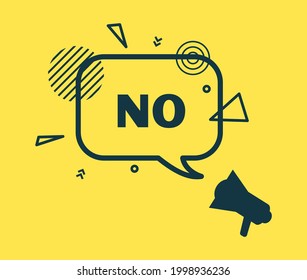 No banner with black frame in flat style. Simple label with short phrase on yellow background. Speech bubble with disagreement text and abstract geometric shapes. Vector card illustration.