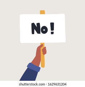 No banner in human hand on white background. Choice hesitate, dispute, opposition, choice, dilemma, opponent view. Test question. Vector illustration
