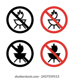 No barbecue with fire sign icon set. Ban on open fire grilling and summer barbecue vector symbol in a black filled and outlined style. Fire use for cooking and grilling prohibited sign.