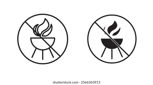 No barbecue with fire sign vector in line stroke and flat versions