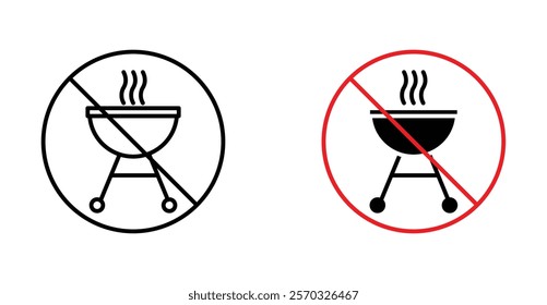 No barbecue with fire sign vectors set in black. line and flat versions