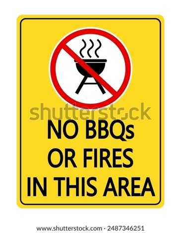 No barbecues or fires in this area. Prohibition sign with bbq grill on ban sign and text below. Yellow background.