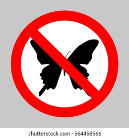No Batterfly sign illustration. Forbidden sign isolated on gray background.