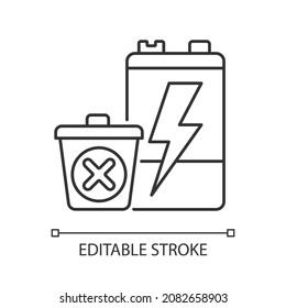 No battery disposal linear icon. Hazardous chemicals leak prevention. Reuse old accumulators. Thin line customizable illustration. Contour symbol. Vector isolated outline drawing. Editable stroke