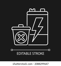 No battery disposal white linear icon for dark theme. Hazardous chemicals leak prevention. Thin line customizable illustration. Isolated vector contour symbol for night mode. Editable stroke
