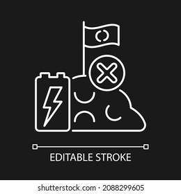 No battery landfills white linear icon for dark theme. Accumulator corrosion soil contamination. Thin line customizable illustration. Isolated vector contour symbol for night mode. Editable stroke