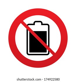 No Battery level sign icon. Electricity symbol. Red prohibition sign. Stop symbol. Vector