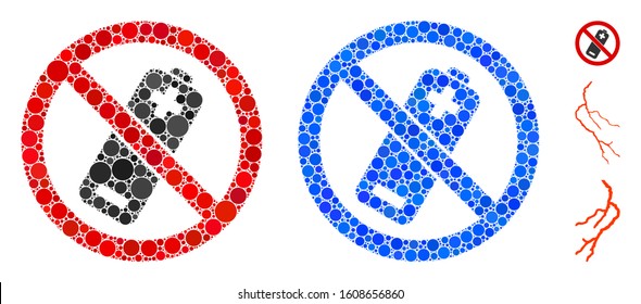 No battery mosaic of small circles in variable sizes and shades, based on no battery icon. Vector round elements are composed into blue mosaic. Dotted no battery icon in usual and blue versions.