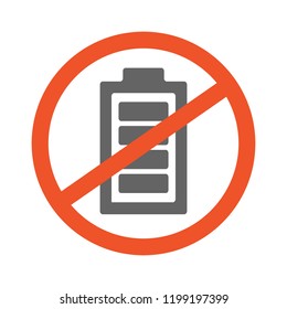 No Battery symbol design illustration. Forbidden sign with battery icon isolated on white background. Red line cross in circle