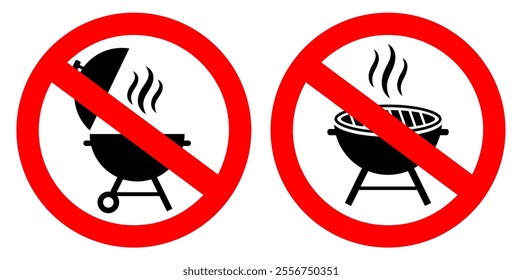 No bbq vector sign isolated on white background. Simple flat illustration of two forbidden red circle symbols. Please don't make fire or picnic on this area, do not grilling signage.