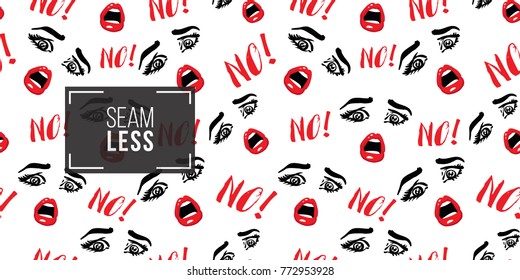 No! Beautiful women fearful vector emoticons, emoji, smiley icons, characters. Fashion illustrated women's emotional faces seamless pattern.