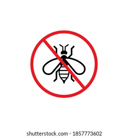 No bee with ban sign. Anti beetle pest control ban, prohibition insects silhouette vector. Stop honey bee insects vector icon, symbol