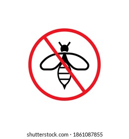 No bee with ban sign. Anti beetle pest control ban, prohibition insects silhouette vector. Stop honey bee insects vector icon, symbol