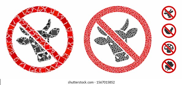 No beef mosaic of inequal elements in different sizes and color tints, based on no beef icon. Vector rugged elements are composed into mosaic. No beef icons collage with dotted pattern.