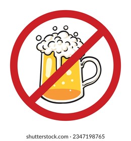 No hay señal de cerveza. signo de prohibición. no hay símbolo de cerveza en el fondo blanco dibujando por ilustración. taza colorida de cerveza

