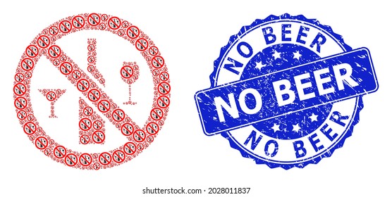 No Beer unclean round seal imitation and vector recursion mosaic forbidden wine drinks. Blue stamp contains No Beer caption inside round shape.