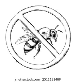 Sem zona de abelhas, vetor desenhado à mão, estilo gráfico, ilustração de desenhos animados, preto e branco, estilo de esboço, isolado no fundo branco