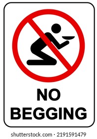 No begging in this area. No panhandling. Prohibition sign with silhouette of person and text. White background.