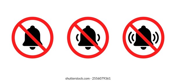 No bell icon set. Notification prohibition sign. Silent, silence symbol