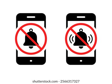 No bell on phone screen icon. Notification off forbidden on cellphone display sign symbol