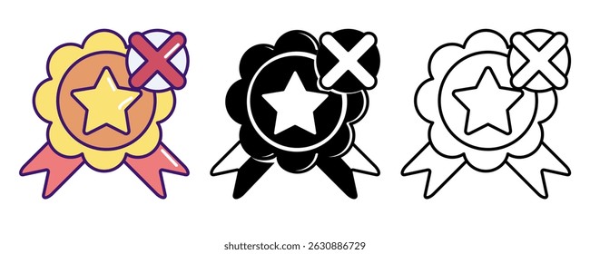 No Benefits icon represented by award label, cross mark Line, Filled, Color style.