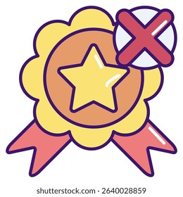 No Benefits icon represented by award label, cross mark Lineal Color style.