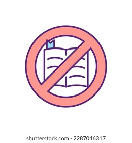 No bible RGB color icon. Restriction in religion. Atheism, refuse sacred text. Religious controversion. Forbidden spiritual story. Stop reading holy book. Isolated vector illustration