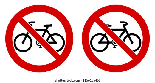 No bicycle / bicycles not allowed sign. Black bike sign in red crossed circle. Left and right facing version.