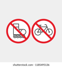 No bicycle flat vector sign. Bicycle is prohibited flat vector icon. Roller skating is prohibited sign. No roller skating