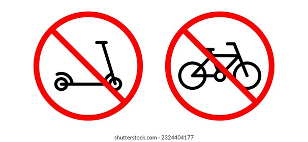 No bicycle, no scooter vector icons set. Red prohibition sign with a bicycle and electric scooter