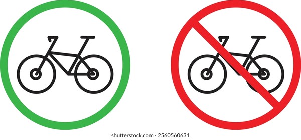 No bicycle sign and bike zone sign . Green allowed sign and red prohibited signs for cyclists . Vector illustration