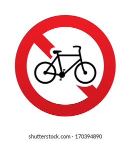 No Bicycle sign icon. Eco delivery. Family vehicle symbol. Red prohibition sign. Stop symbol. Vector illustration