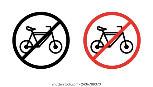 No Bicycle Sign Icon Set. Bike cycle forbidden vector symbol in a black filled and outlined style. Ban Bike Ride Limit Sign.
