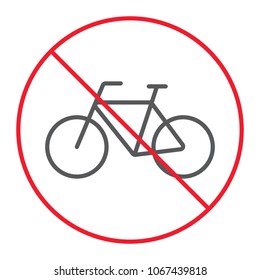 No bicycle thin line icon, prohibition and forbidden, no bike sign vector graphics, a linear pattern on a white background, eps 10.