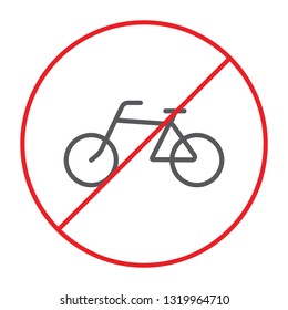 No bicycle thin line icon, prohibited and regulation, no cycle sign, vector graphics, a linear pattern on a white background, eps 10.