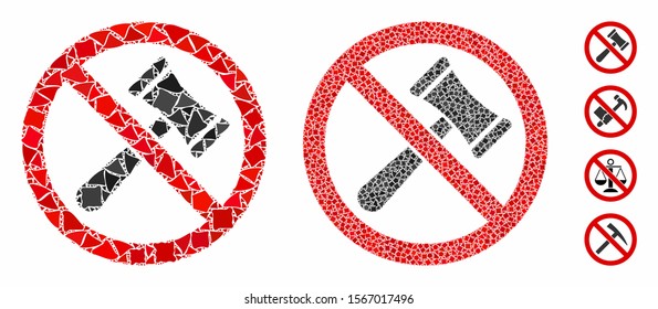 No bids composition of uneven parts in various sizes and color hues, based on no bids icon. Vector irregular parts are united into collage. No bids icons collage with dotted pattern.