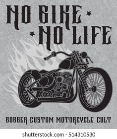 "No bike no life" - quote vector doodle. Hand drawn classic bobber bike in ink style. Retro motorbike illustration on grunge background. Custom motorcycle logo. Biker club sign. Garage label.