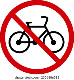 No bike sign. Prohibition sign do not ride a bike. The sign is a red crossed out circle with a silhouette of a bicycle inside. Cycling is not allowed. Bicycle ban. Round red bike stop sign.