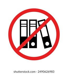 No binders icon. Red prohibition symbol. Office folders banned. Vector illustration.