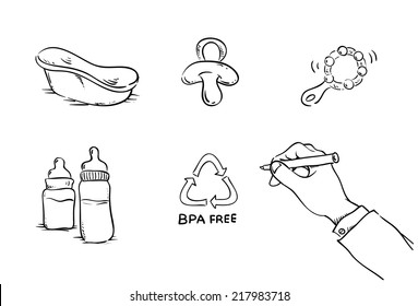 No to Bisphenol A, BPA.  vector whiteboard drawings of things that may contain BPA.  bath, pacifier, rattle, milk bottle.