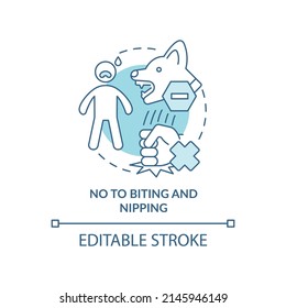 No to biting and nipping turquoise concept icon. Training dog abstract idea thin line illustration. Aggressive behavior. Isolated outline drawing. Editable stroke. Arial, Myriad Pro-Bold fonts used