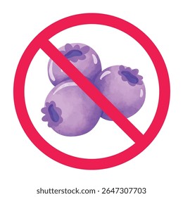 No blueberry sign, stop eating blueberries symbol, blueberries with red crossed circle symbol, prohibited berry fruit sign, blueberry restriction warning