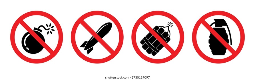 No bomb, No missile, No dynamite, No grenade prohibited ban sign icons set vector illustration