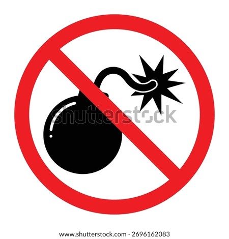 No bomb vector icon. Red prohibition sign with explosive symbol for safety warning, restricted area, or danger prevention design.