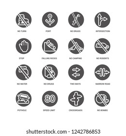 No bombs, Falling rocks, turn, Port, Narrow road, Two ways, drugs, Crossroads icon 16 set EPS 10 vector format. Icons optimized for both large and small resolutions.