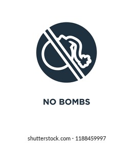 No bombs icon. Black filled vector illustration. No bombs symbol on white background. Can be used in web and mobile.